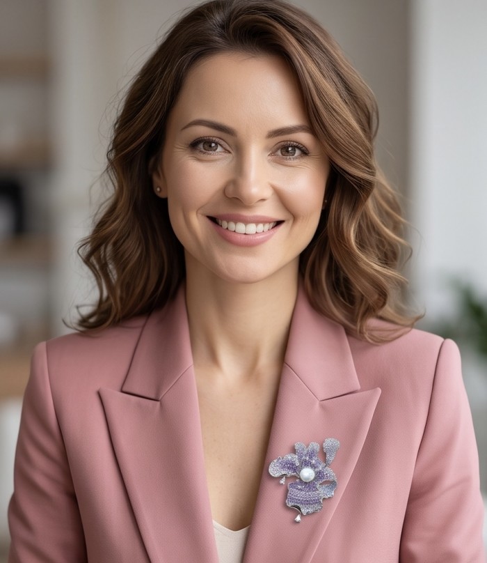 Black Label Collection - Retro Style - Rose Genuine Pearl 7.5 carat pave Amethyst .925 Sterling Silver dipped in rhodium handmade Pendant - Brooch - Woman wearing brooch from Black Label Collection, featuring rose and pearl.