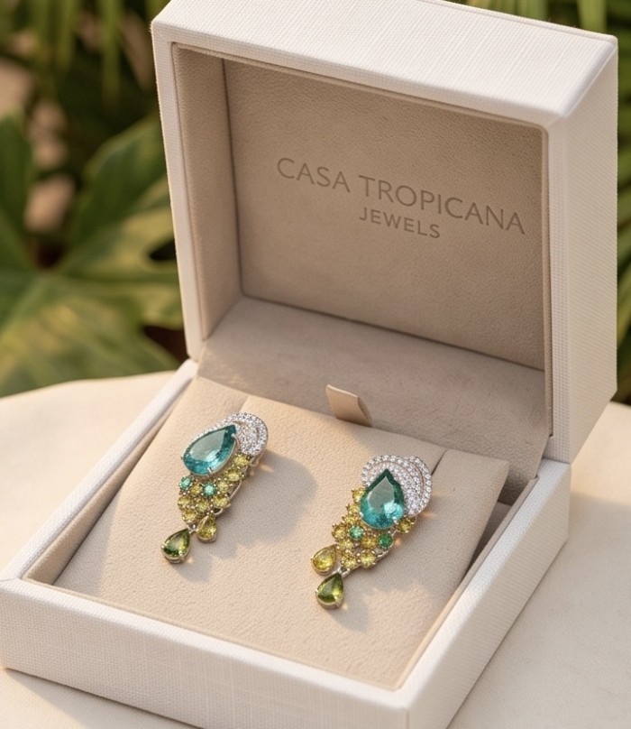 Real Treasure 9.5 carat Aquamarine rhodium over .925 Sterling Silver Handcrafted Earrings - Earrings in box with aquamarine stones, top view