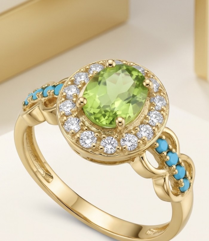 Flower 2.2 carat Brazilian Peridot 18K Gold over .925 Sterling Silver Handcrafted Ring size 6 - Peridot ring close-up, gold setting, turquoise accents and diamonds.