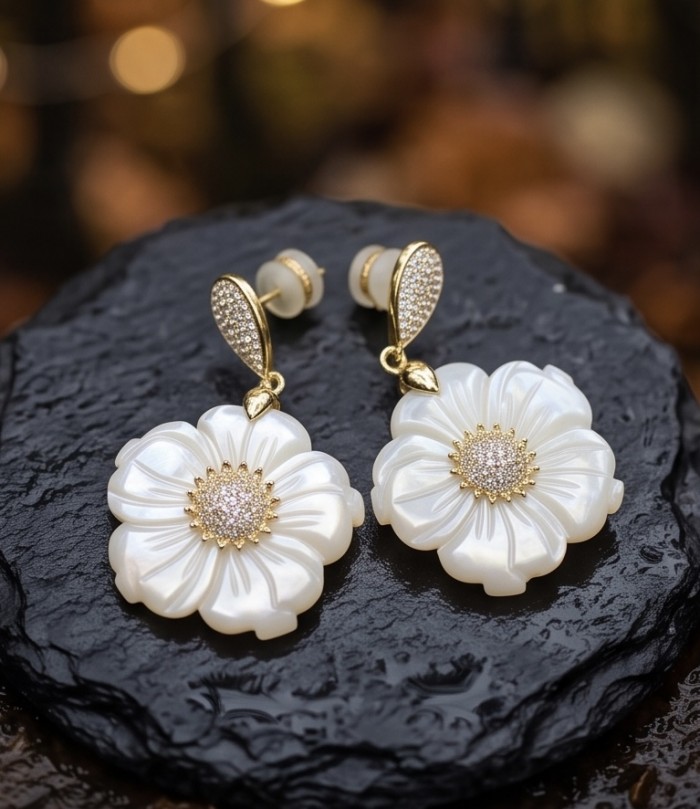 BLOOMING FLOWERS Genuine Blister Pearl 0.2 CARAT lab grown Diamond 18K Gold over .925 Sterling Silver handcrafted Statement Earrings - photo 2
