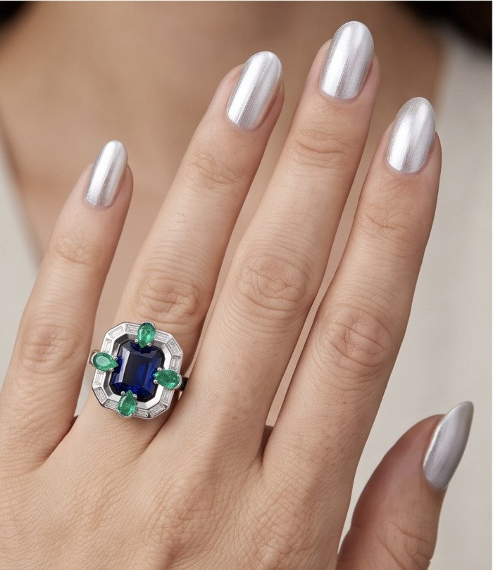 Art Deco 8.6 ctw Sapphire Emerald .925 Sterling Silver handcrafted Statement Ring size 8 - Sapphire and emerald ring worn on hand, silver nails.