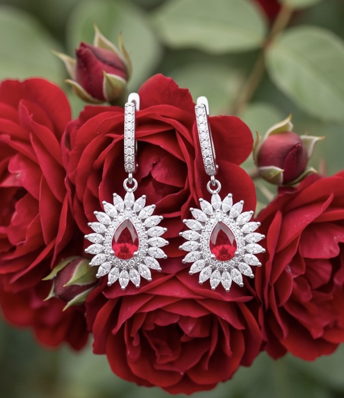 Exquisite 5.4 ctw Mozambique Ruby .925 Sterling Silver handcrafted Statement earrings - Earrings on roses, front view, showcasing ruby and silver detail.