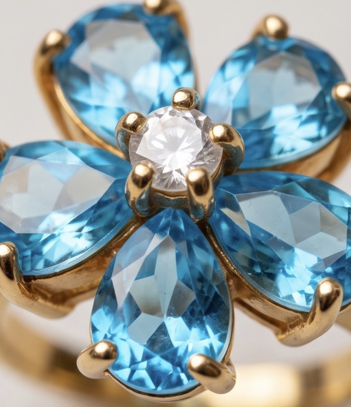 Forget -Me- Not Petal 6.5 carat genuine Swiss Blue Topaz 18K Gold over .925 Sterling Silver handmade Statement Ring size 8 - Close-up of ring with Swiss Blue Topaz petals and central stone.