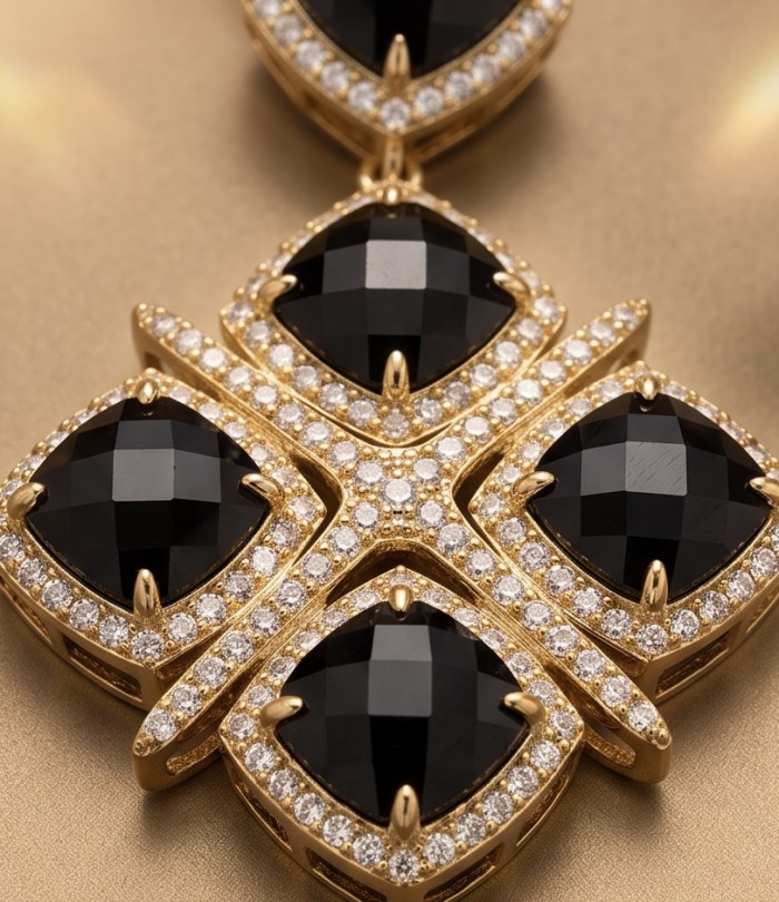 Authentic 25.2 Carat Onyx .925 Sterling Silver dipped in 14K Gold handcrafted necklace - Close-up of black onyx and diamond accents on sterling silver jewelry.