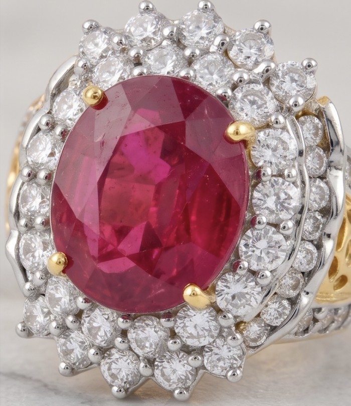 Scarlett 14.7 ctw Mozambique Ruby .925 Sterling Silver DIPPED IN 22k GOLD handcrafted Statement Solid Ring size 7 - Close-up of Scarlett ruby ring with diamond halo in sterling silver.