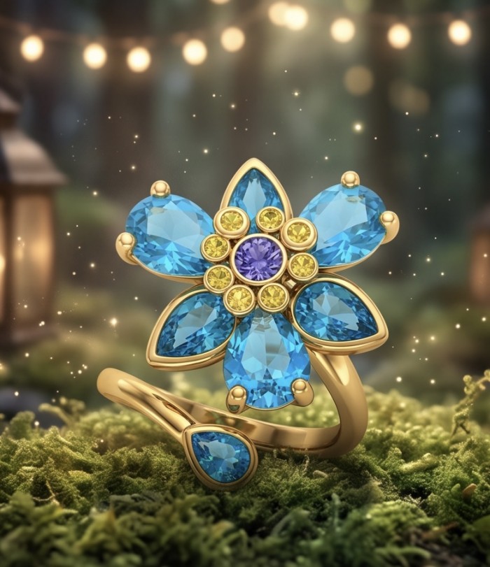 Spinning flower 6.5 carat genuine Blue Topaz 14K Gold over .925 Sterling Silver handmade Statement Ring size 7 - Blue Topaz flower ring, top view, 14K gold, glowing in a garden setting.