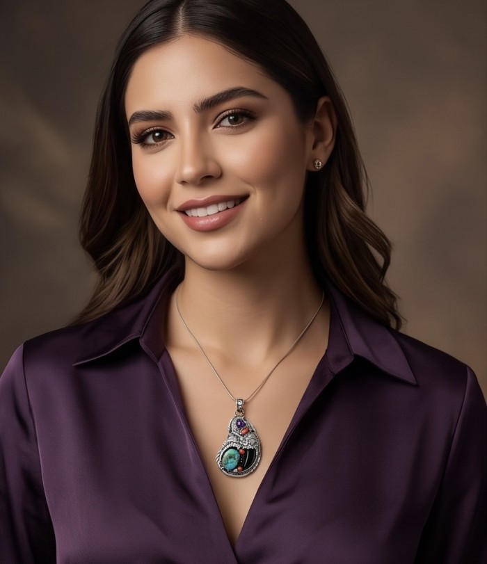 Go West - One of a kind - Morenci Turquoise fossilize Coral .925 Sterling Silver handmade pendant - Woman wearing Go West necklace, front view showing turquoise and fossil detail.