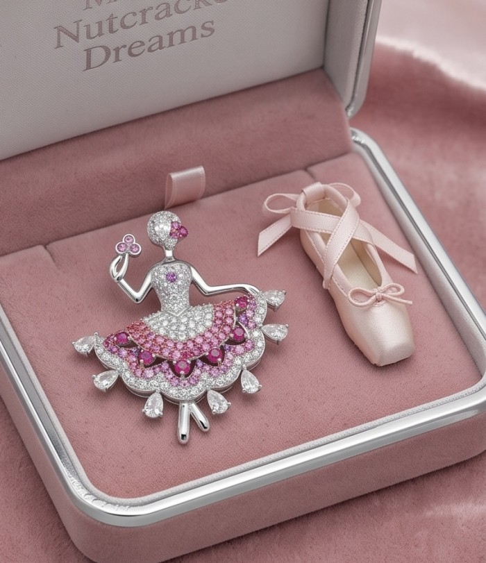 Ballerina - Precious 8.2 carat Colombian Ruby rhodium over .925 Sterling Silver handmade Pendant - Brooch - Ballerina jewelry with ruby detail in pink velvet box, top view.