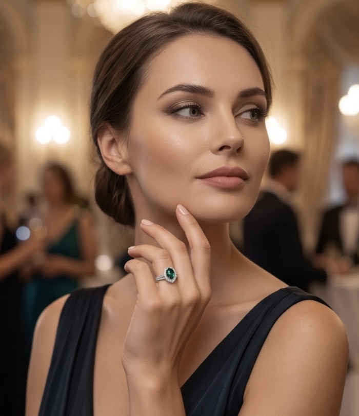 Estelle - Authentic 2.9 carat COLOMBIAN EMERALD rhodium over .925 Sterling Silver handcrafted Ring size 7 - Woman wearing Estelle ring with 2.9 carat Colombian emerald, side view