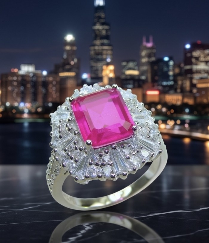 Anastasia 6.8 carat Pink Sapphire .925 Sterling Silver dipped in Rhodium Handcrafted Statement Ring size 7 - Pink Sapphire ring on display with cityscape background, front angle view.