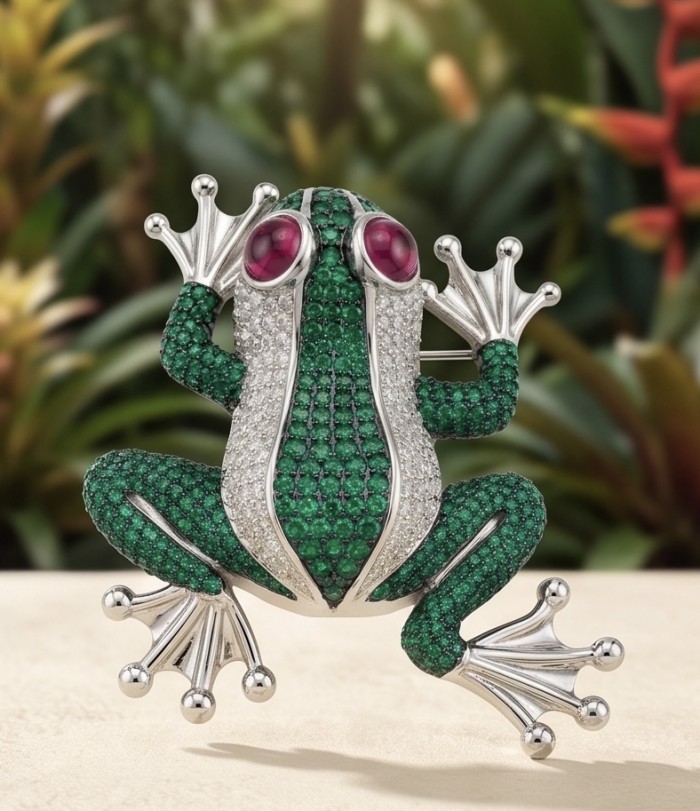 Jumping Frog 5.7 pave Colombian Emerald 1.4 carat Ruby .925 Sterling Silver dipped in rhodium handmade Brooch - Front view of jewelry frog: emeralds, rubies, and silver detail.