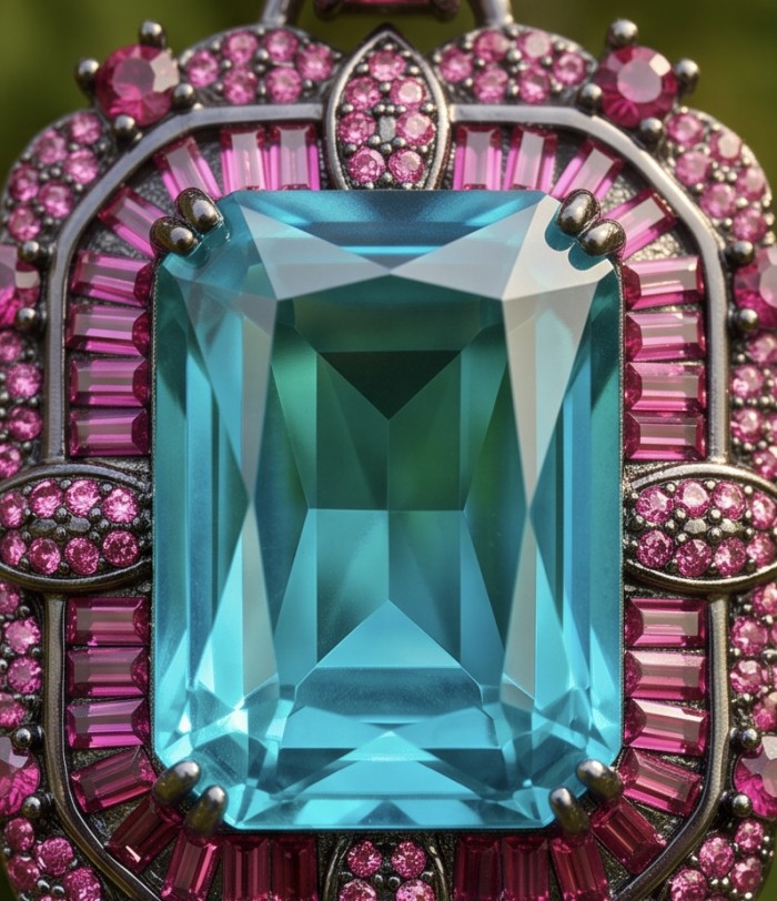 ART DECO Authentic 27.7 carat Aquamarine Ruby Black rhodium over .925 Sterling Silver handmade necklace - Close-up of aquamarine and ruby Art Deco pendant with black rhodium.