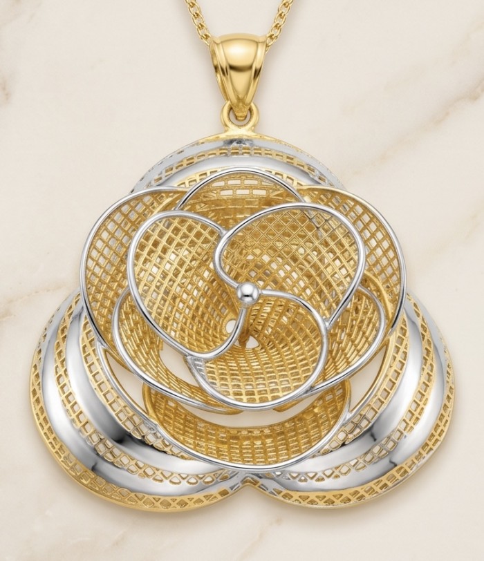 Dubai Style - Golden Rose .925 Sterling Silver dipped in 22K Gold handmade Pendant - Gold and silver rose pendant, front view, on a marble background.