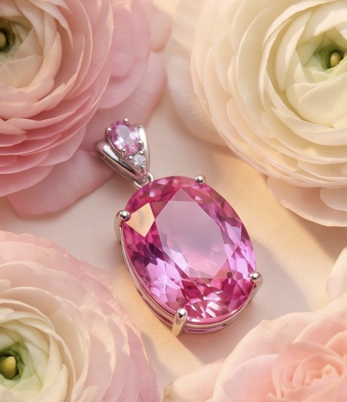 Incredible oval cut 27.8 carat Bubblegum Pink Sapphire .925 Sterling Silver handcrafted pendant - Close-up of 27.8 carat oval Bubblegum Pink Sapphire pendant