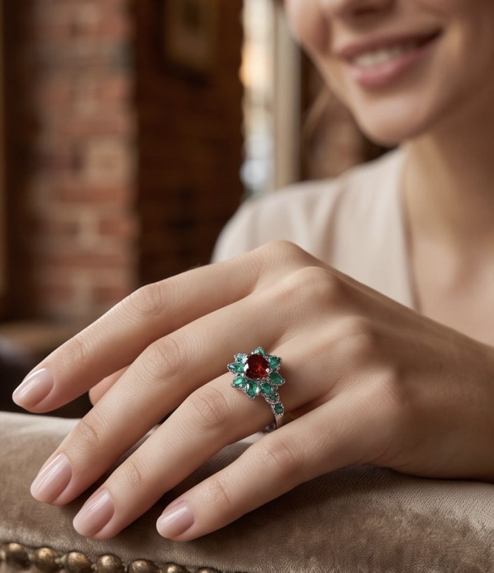 Scarlett's Heart 1.7 ctw Mozambique Ruby .925 Sterling Silver handcrafted Statement Ring size 6 - Ruby and emerald ring worn on hand, showcasing detailed setting.