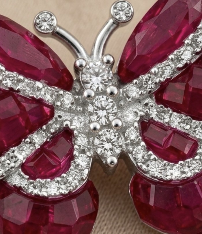 Red Butterfly Luxurious MYSTERY SETTING natural 12.5 carat Ruby .925 Sterling Silver handmade Statement necklace - Close-up of red butterfly jewelry with sparkling gems and intricate details.