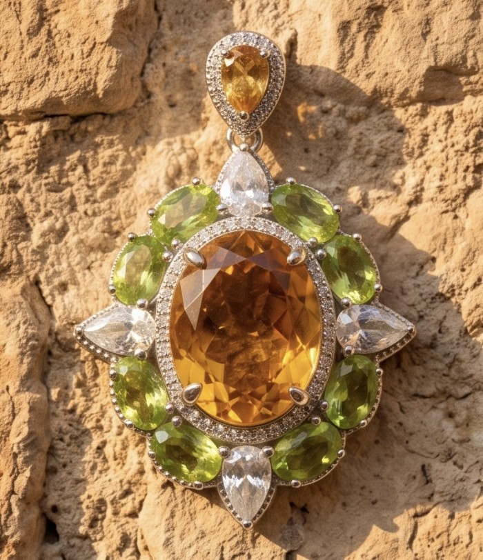 Giovanna 22.2 carat authentic Brazilian Citrine rhodium over .925 Sterling Silver handmade Pendant - Close-up of Giovanna pendant with Brazilian Citrine and Peridot gems