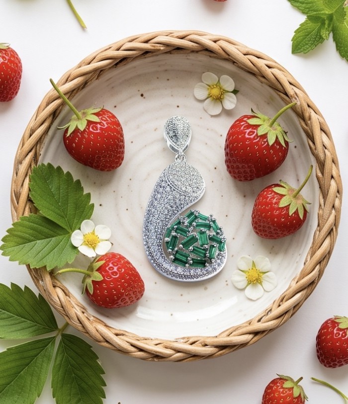 Heirloom Genuine 8.5 carat Emerald .925 Sterling Silver dipped in rhodium handmade Pendant - Silver and emerald pendant on plate with strawberries, top view.