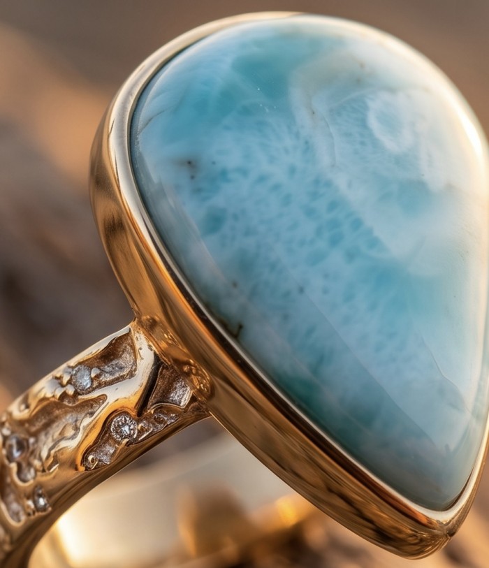 12.8 carat Blue Perfection natural Larimar .925 Sterling Silver handmade ring size 8 1/2 - Stone close-up of Blue Larimar in textured gold setting