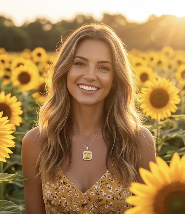 Art Deco - Luxurious asscher cut 14.7 carat Yellow Sapphire rhodium over .925 Sterling Silver handcrafted necklace - Yellow Sapphire necklace worn by woman in sunflower field, front view