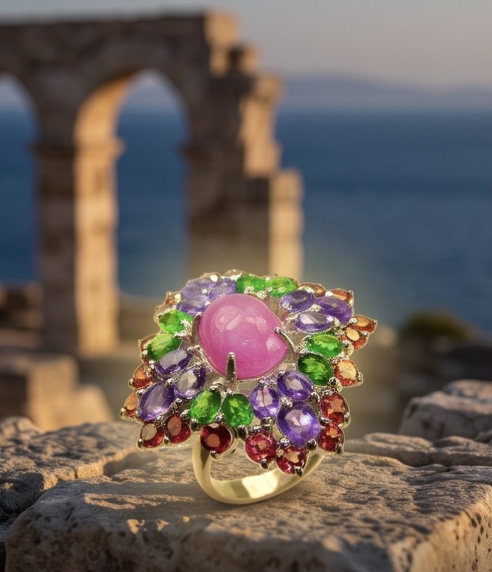 Giovanna Natural 28.6 carat Ruby .925 Sterling Silver dipped rhodium handmade Statement Ring size 7 - Elegant silver ring with colorful gemstones, against ancient ruins background