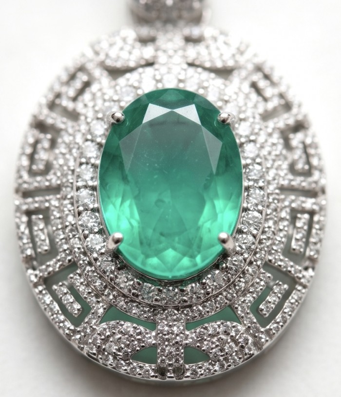 Colombian Briliance - oval cut 15.7 carat Emerald .925 Sterling Silver handcrafted necklace - Close-up of oval-cut emerald pendant with diamond accents