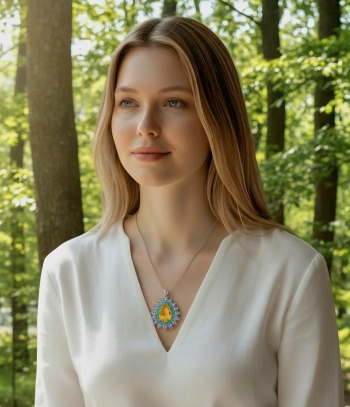 Grace 28.8 carat Citrine Colombian Emerald .925 Sterling Silver handcrafted Statement pendant - Woman wearing Grace Citrine necklace in forest setting