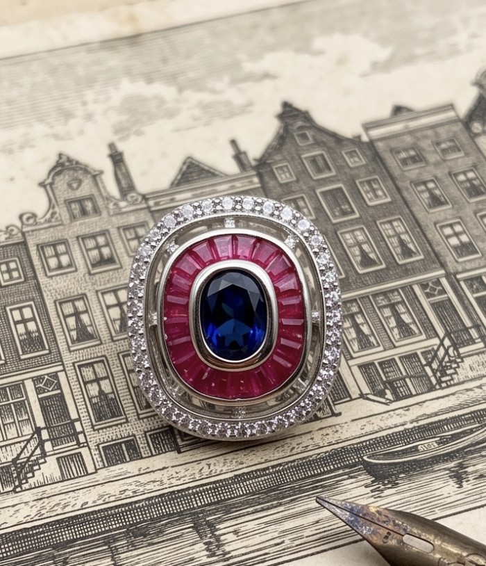 Art Deco 8.6 ctw Sapphire Emerald .925 Sterling Silver handcrafted Statement Ring size 7 1/2 - Close-up of Art Deco sapphire and ruby sterling silver brooch.