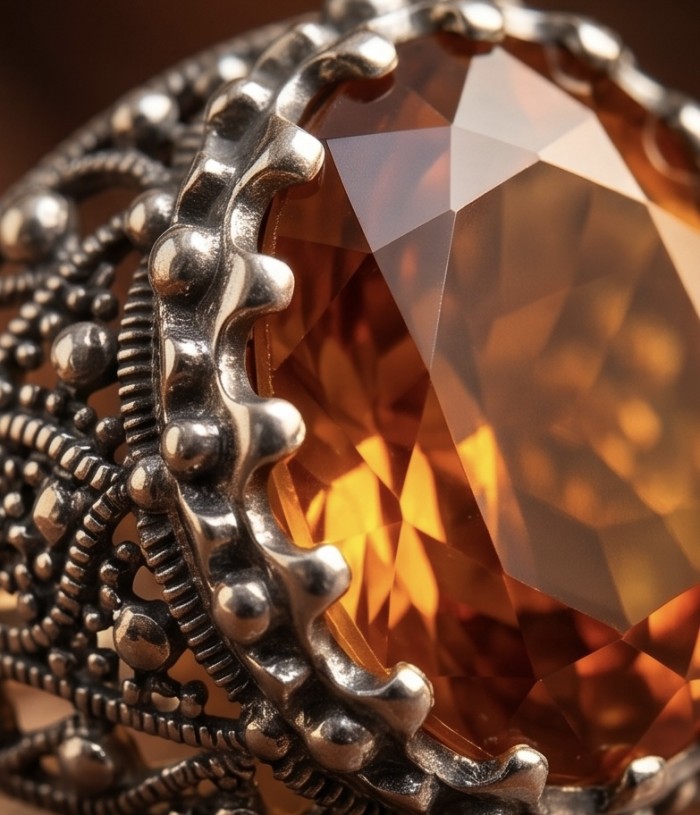 Serenity Natural 38.4 carat GOLDEN Topaz Marcasite .925 Sterling Silver handmade Large Statement Ring size 7 - Close-up of golden topaz and marcasite detailing in silver setting.