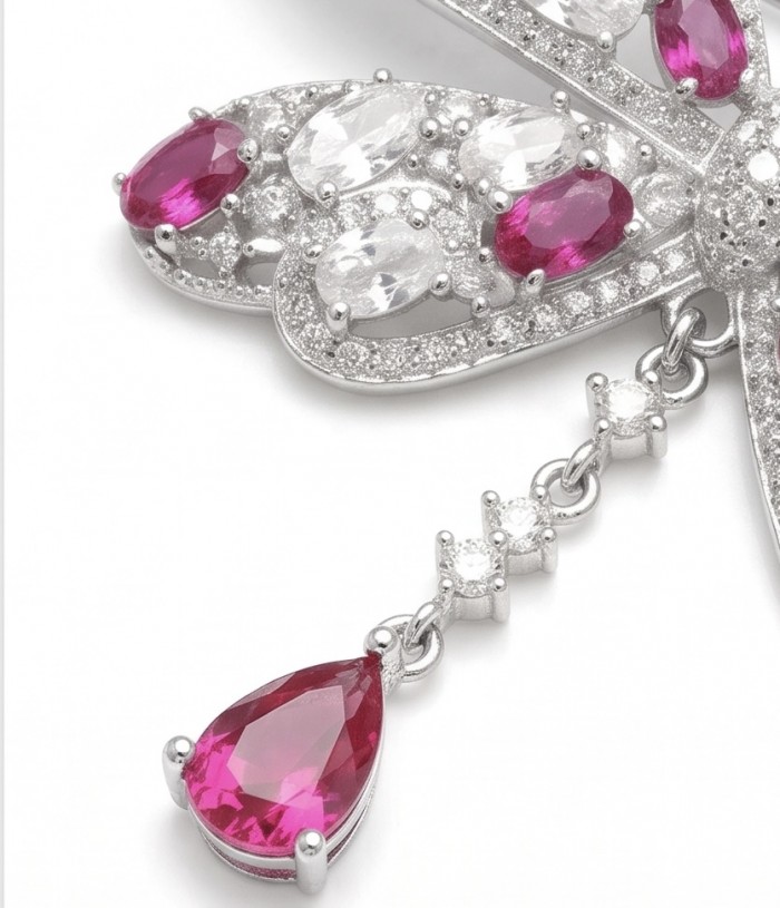 Vintage Design - Red Butterfly - Genuine 10.2 carat Ruby 14k rhodium over .925 Sterling Silver handmade Pendant Brooch - Close-up of the ruby and gemstone detailing on butterfly jewelry