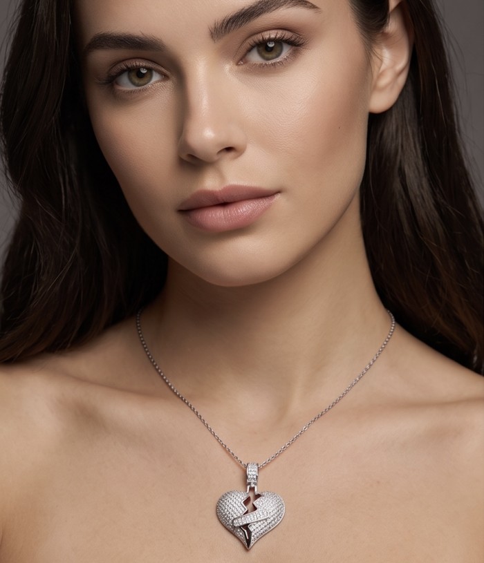 Healing Heart Luxurious 8.4 carat White Topaz .925 Sterling Silver handcrafted pendant - Heart-shaped topaz pendant on model, close-up view