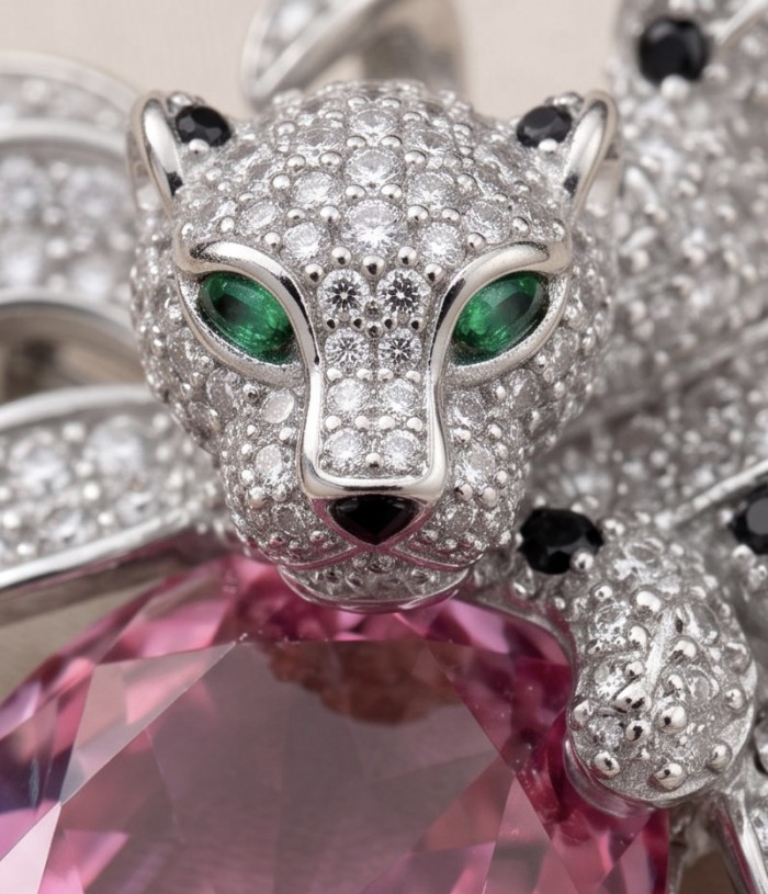 Pink Cheetah authentic 12.5 carat Pink Sapphire .925 Sterling Silver Handcrafted pendant brooch - Close-up of Pink Cheetah jewelry with pink sapphire and green eyes
