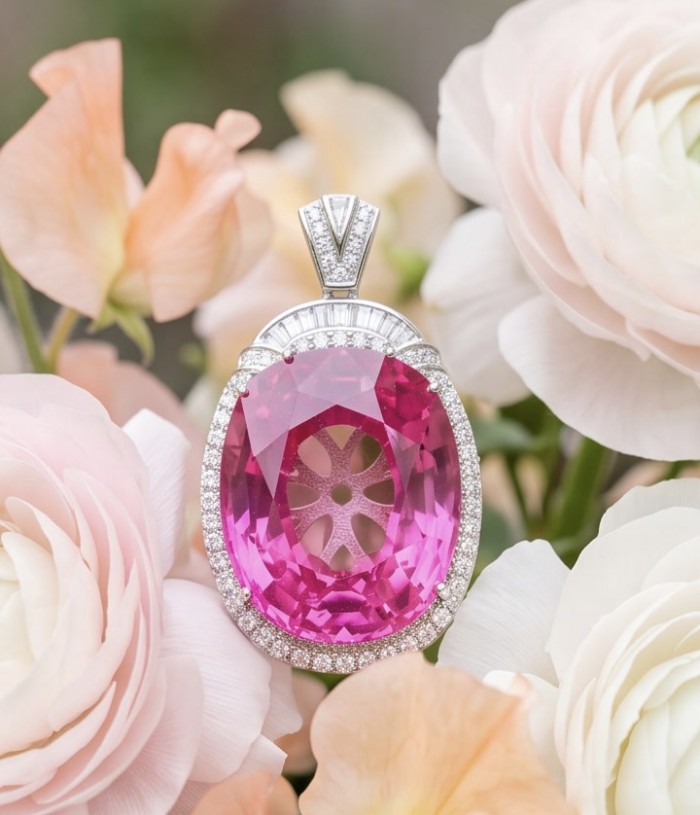 Angel's Wish Luxurious 36.7 carat Pink Sapphire Rhodium over .925 Sterling Silver handcrafted pendant - Close-up of "Angel's Wish" pink sapphire pendant among flowers