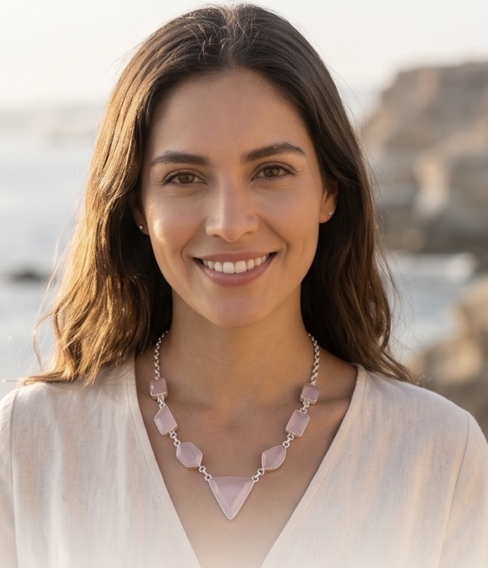 Moonlight Serenade authentic 32.5 carat Brazilian Rose Quartz rhodium over .925 Sterling Silver handcrafted necklace - Woman wearing Moonlight Serenade Brazilian Rose Quartz necklace