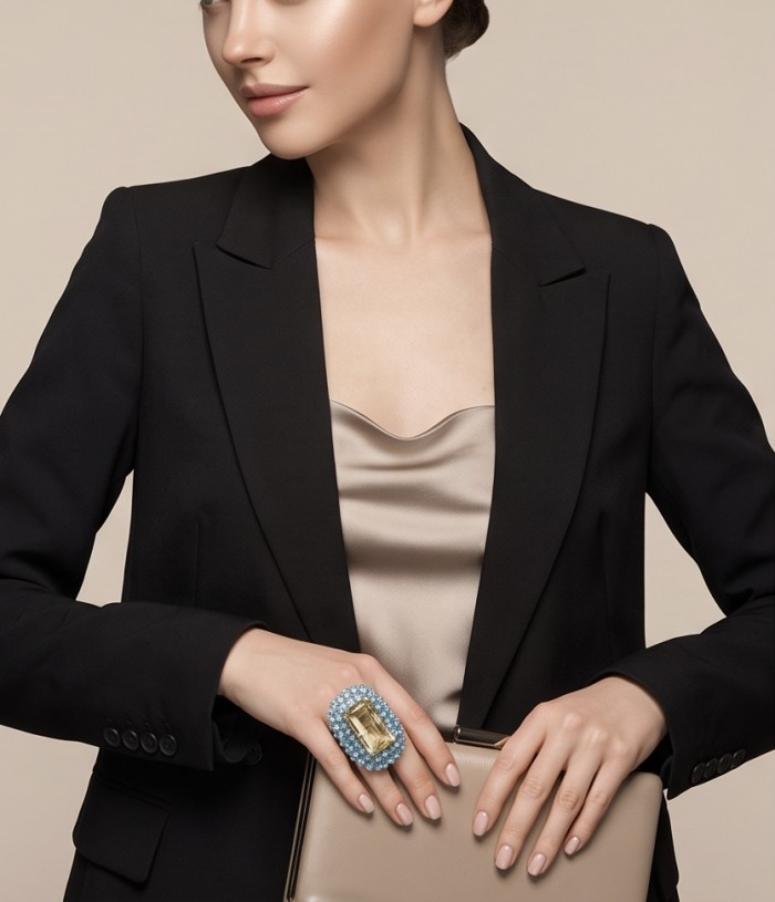 Serenity baquette cut 68.5 carat Champagne Smoky Topaz Aquamarine rhodium over .925 Sterling Silver MASSIVE Ring size 7 - Worn on hand: Serenity 68.5 carat Champagne Smoky Topaz ring