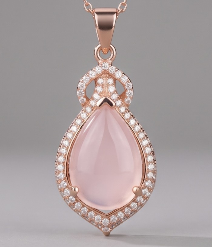 Scarlett 8.5 carat Brazilian Rose Quartz 22K Gold over .925 Sterling Silver handcrafted Statemen pendant - Rose quartz pendant with diamond accents, front view, 22K gold setting.