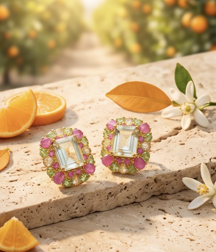 Esperanza - Luxurious 22.2 Lemon Quartz 18K Gold over .925 Sterling Silver handmade Earrings - Esperanza earrings with lemon quartz in vibrant natural setting.