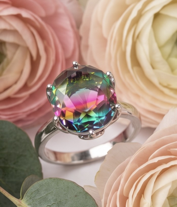7.8 carat Brazilian Tourmaline .925 Sterling Silver Perfectly handcrafted Ring s. 7 - Close-up of 7.8 carat Brazilian Tourmaline ring with floral background