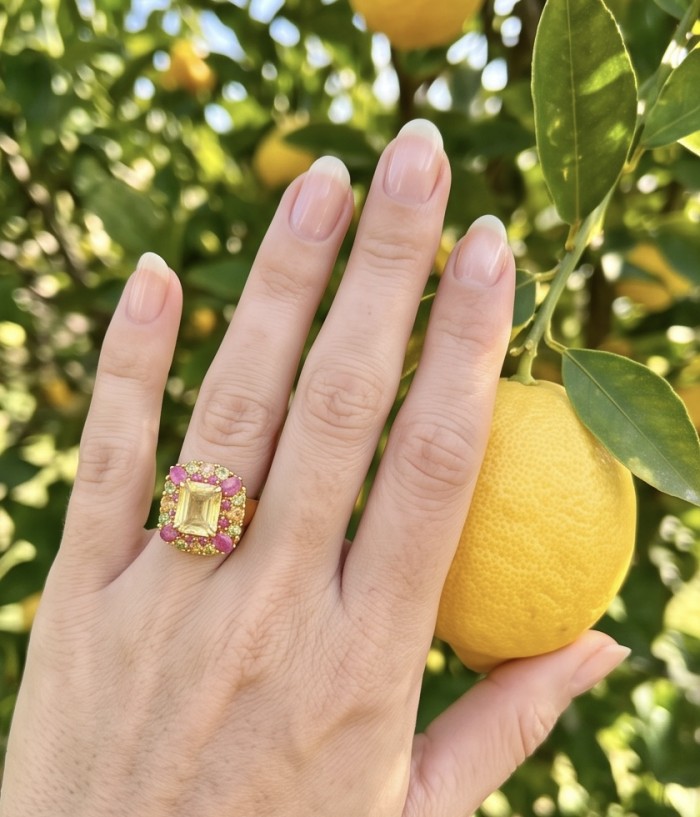 Esperanza - Luxurious 18.2 Lemon Quartz 18K Gold over .925 Sterling Silver handmade ring size 8 1/4 - Esperanza ring worn on hand, lemon tree background