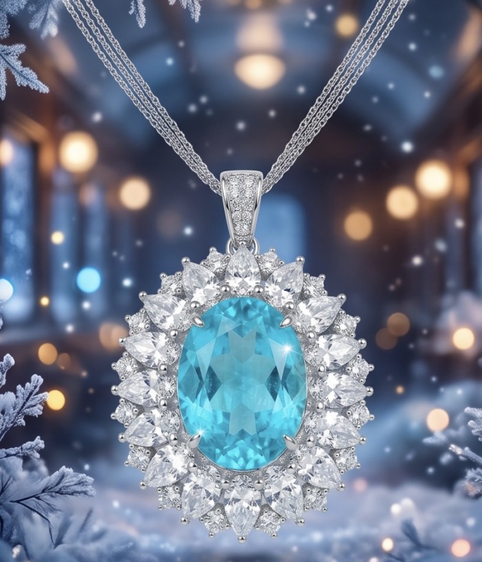 Brazilian's Briliance - oval cut 24.7 carat Paraiba Tourmaline .925 Sterling Silver handcrafted necklace - Oval Paraiba Tourmaline pendant against wintery background