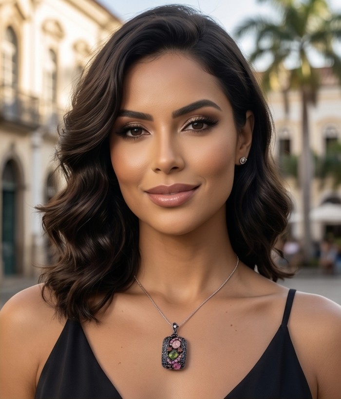 14.5 carat Brazilian Watermalon Tourmaline black rhodium over .925 Sterling Silver handmade Pendant - Woman wearing 14.5 carat Brazilian Watermelon Tourmaline pendant necklace.