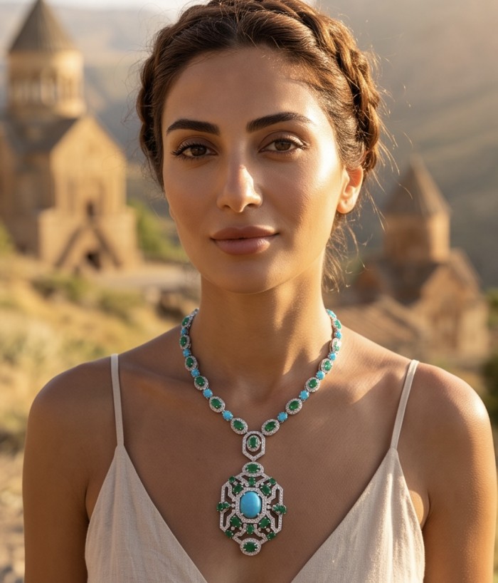 Art Deco - Pacifica - 98.4 carat Turquoise Emerald .925 Sterling Silver handmade Statement necklace; 22 inches long - Woman wearing Art Deco turquoise emerald necklace, front view.