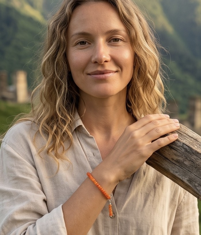 Sublime Brilliance Authentic Orange Fire Opal .925 Sterling Silver handcrafted bracelet - Woman wearing orange fire opal bracelet, nature background