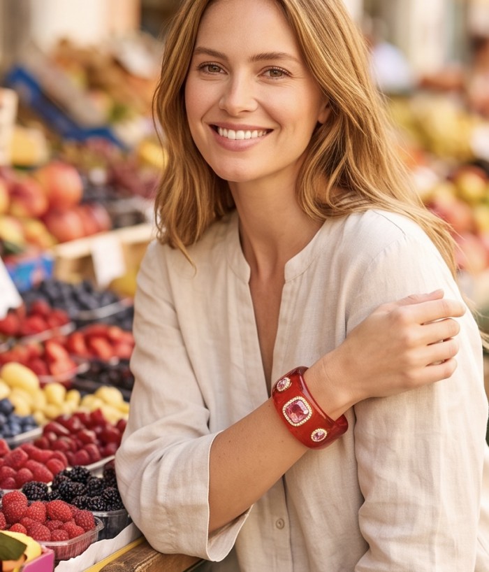 Candy Store - Modern Design Natural Red Raisin Pink Topaz .925 Sterling Silver bracelet - Woman wearing red bracelet with pink topaz, smiling at fruit stand.