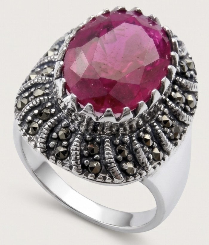 Carmen Natural 10.7 carat Ruby .925 Sterling Silver handmade Statement Ring size 9 - Ruby ring in sterling silver, stone close-up view.