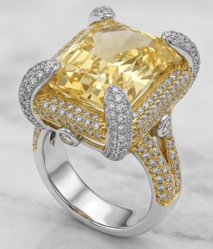 Wearable Art - Solid 27.2 carat Genuine Yellow Sapphire .925 Sterling Silver handcrafted ring size 6 1/2 - Yellow sapphire ring with diamond accents, close-up view