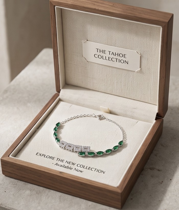 Precious 4.2 carat natural Colombian Emerald rhodium over .925 Sterling Silver handcrafted bracelet - Bracelet in open wood box, featuring emerald stones and silver details.
