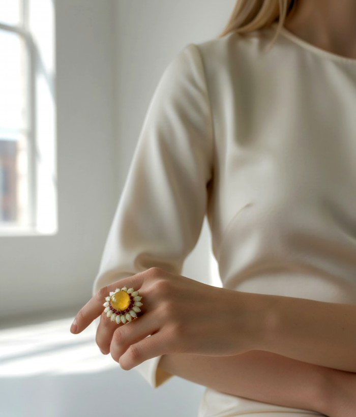 Real Art! - Luxurious 11.9 carat Yellow Sapphire 18K Gold over .925 Sterling Silver handcrafted Ring s. 8 - Yellow sapphire ring worn on hand, focus on gemstone and setting details.