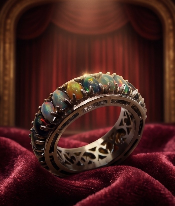 Milky way Genuine 8.2 carat Black Opal 18K Gold over .925 Sterling Silver handmade eternity Ring size 8 - Side view of Milky Way black opal ring, 18K gold over .925 silver.