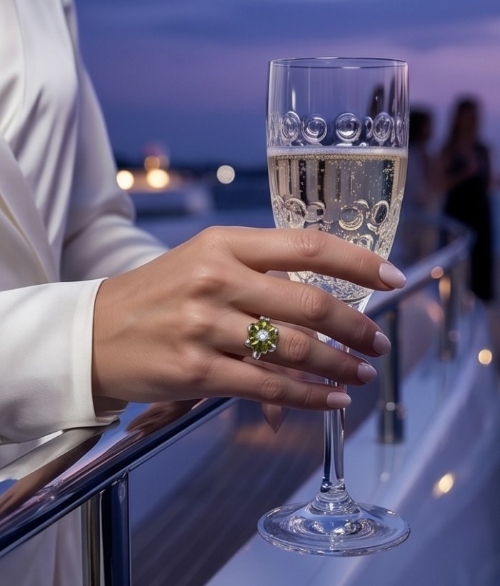 Clover 7.9 carat authentic Himalayan Peridot .925 Sterling Silver Handcrafted Statement Ring size 6 - Worn on hand, clover Peridot ring with champagne glass in evening setting.
